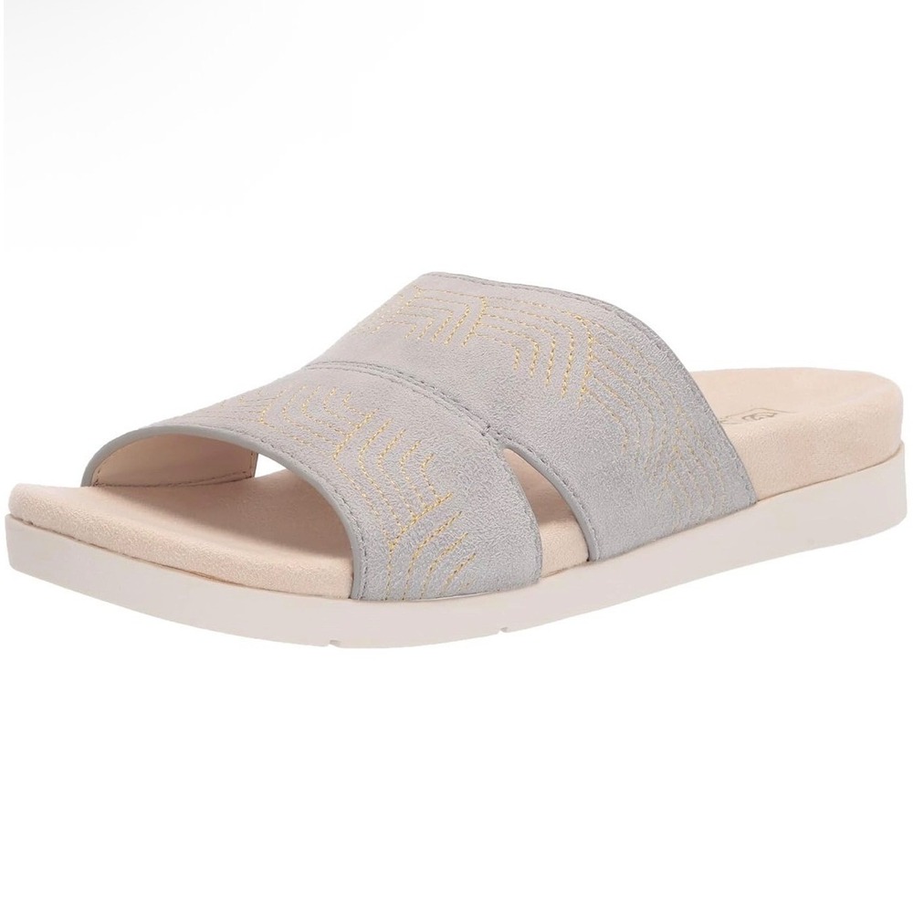 Spenco‎ Womens 7 WIDE Grey Orthotic Slide Sandals Comfort Shoes Grey Embroidered